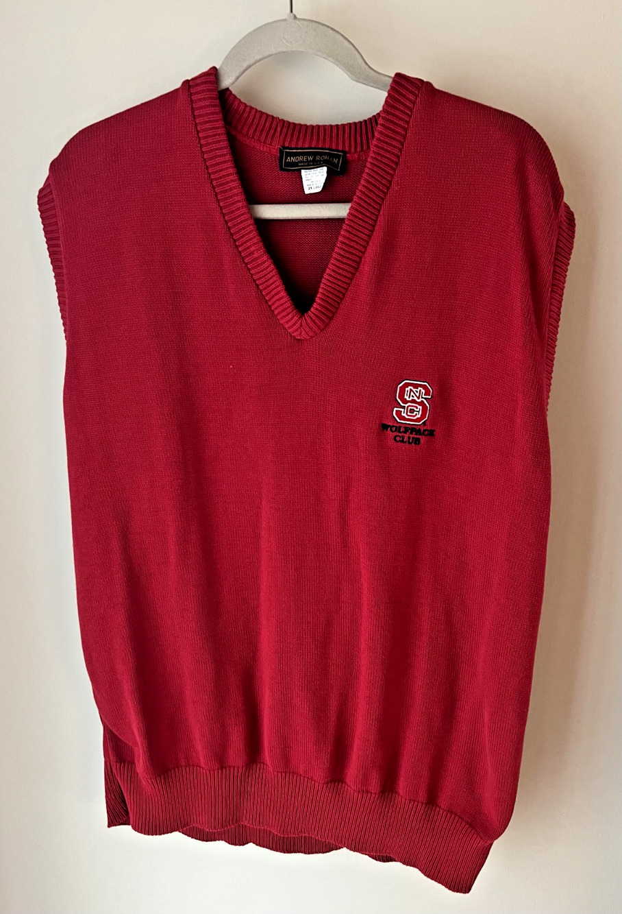 Vintage Andrew Rohan NC State Wolfpack Club Red Knit Sweater Vest V-Neck 2XL USA